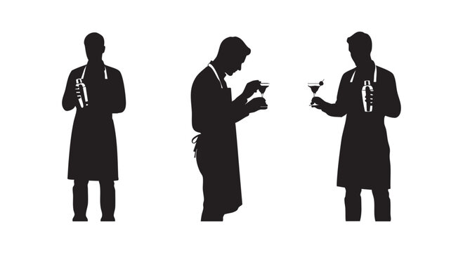 Three professional bartenders in aprons preparing cocktails isolated on white background as simple black silhouettes.