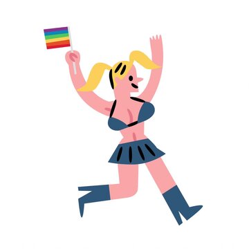 Cartoon transgender parade dancer in rainbow outfit celebrating pride with confident joyful festive expression