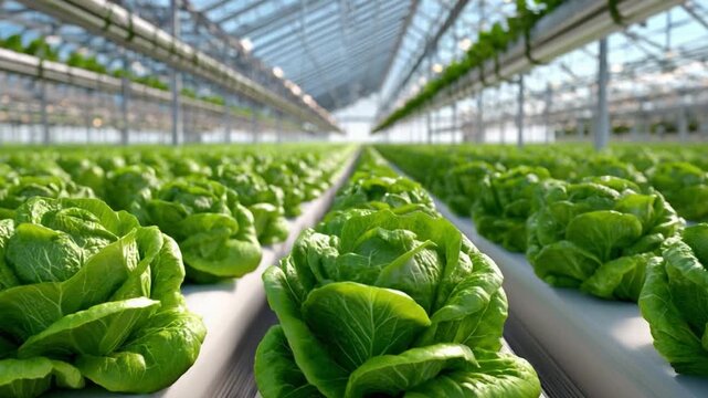 Greenhouse Abundance: Rows of vibrant green lettuce thrive in a modern greenhouse, showcasing sustainable agriculture and the beauty of plant cultivation.