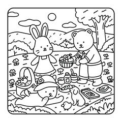 Fototapeta premium Bear, bunny, and cat having a picnic with food and drinks, easy summer coloring page vector illustration.