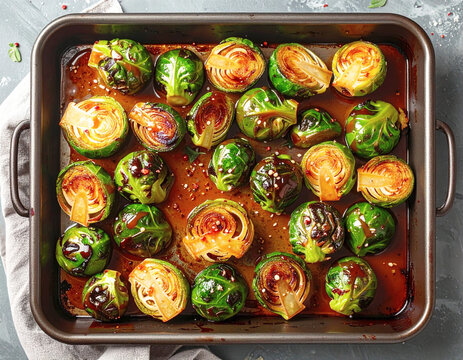 Brussel sprouts caramelized maple glaze, sheet pan, top view. AI