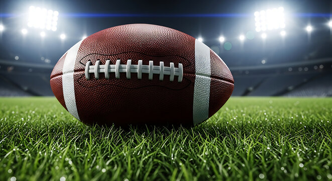 American football ball on green grass of stadium field under bright spotlights at night 2