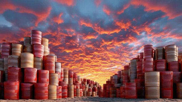 Barrels of Industry Under a Fiery Sky: Rows of industrial barrels stand against a backdrop of a fiery sunset sky, symbolizing production, and environmental considerations.
