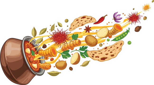 Dynamic Vector Illustration of Indian Curry with Vegetables, Spices, Naan Bread, Herbs, Saffron, Cardamom, Chili, and Aromatic Ingredients in a Creative Culinary Composition