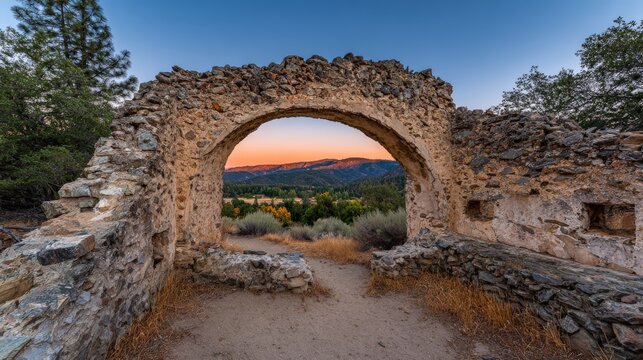 Ancient stone archway frames a panoramic view of rolling mountains during sunset.