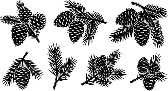 Pine Cones And Branches Linocut Print Style Icons Set On White Winter Forest Branches Nature Icons Carved Symbols Nature Prints Woodland Elements Bold Print Illustrations