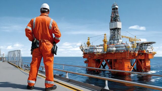 Offshore Rig Supervisor: A skilled oil rig worker gazes over the vast ocean, overseeing the intricate machinery of the oil rig.