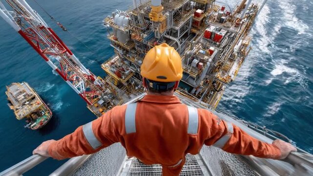 Vision of the Offshore Platform: A worker gazes out at an offshore platform with outstretched arms, offering a glimpse into the heart of industry and its impact.