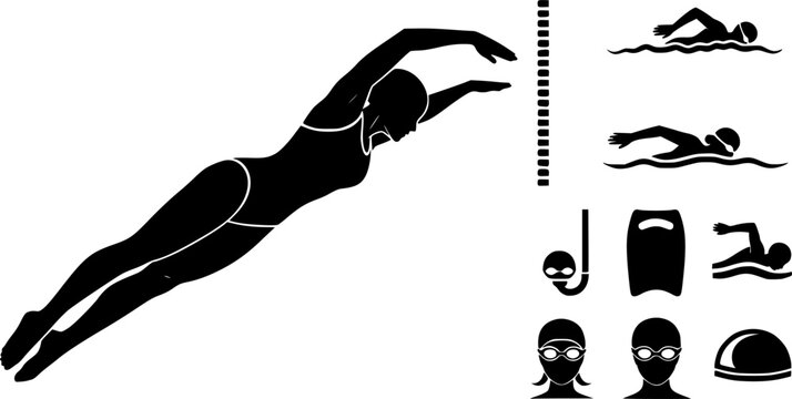 Swimming silhouettes, Swimmer silhouette, Woman swimming silhouette, Swimmer svg, Backstroke swimmer silhouette, Swimming svg, Swimming goggles silhouette, Swimmer icon bundle.