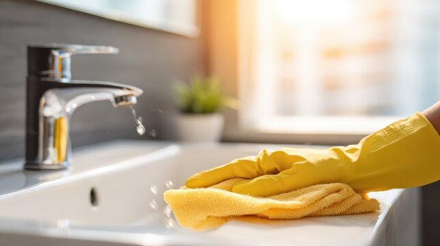 Person wearing a yellow glove cleans a white bathroom sink with a cloth.