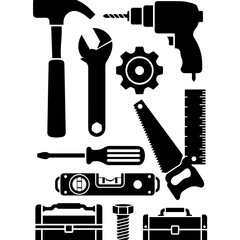 Fototapeta premium Hammer Wrench Gear Drill Saw Ruler Screwdriver Level Toolbox Bolt