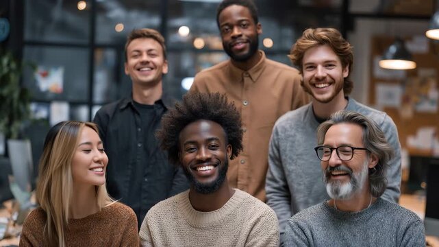 Team of diverse coworkers standing together in a modern office space during a meeting in mid-afternoon light
