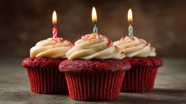 Three red velvet cupcakes are topped with creamy white frosting and lit birthday candles.