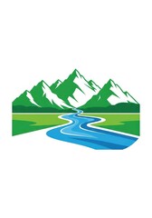 Obraz premium Majestic green mountains rise above a winding blue river flowing through a lush meadow.