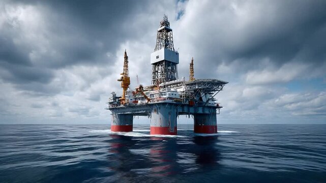 Offshore Oil Rig: A towering oil rig stands majestically in the vast ocean, under a dramatic cloudy sky, representing energy exploration and industrial prowess.