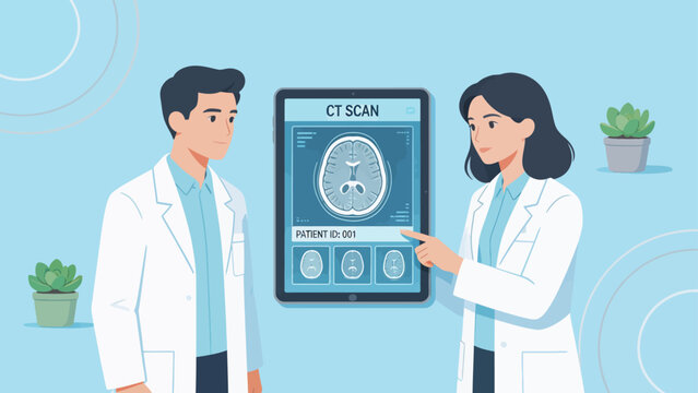 Doctors examining brain CT scan