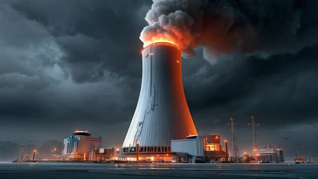 Nuclear Power Plant in Darkness: An imposing nuclear power plant, enveloped by a dark and ominous sky, emits a cloud of smoke, symbolizing the complex relationship between energy and the environment.