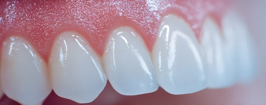 A close-up view of healthy, white teeth showcasing excellent dental hygiene. The shiny enamel highlights the importance of oral care and maintaining a bright smile.