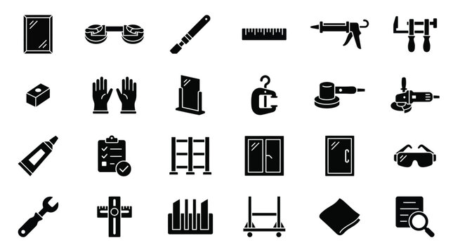 Black Icons of Tools and Objects on White Background