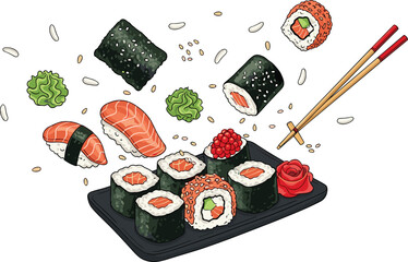 Dynamic Vector Illustration of Sushi Platter with Nigiri, Maki Rolls, Salmon, Rice, Seaweed, Wasabi, Ginger, and Chopsticks in a Creative Japanese Cuisine Composition © Shahanaj