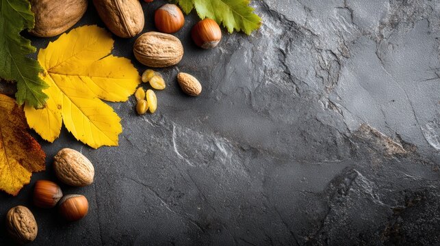 Walnuts and hazelnuts are arranged alongside colorful autumn leaves on a textured stone surface.
