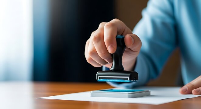 A person stamping a document with a rubber stamp on a wooden desk