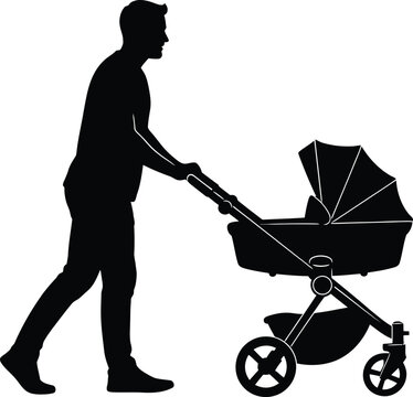 Happy father's day loving dad pushing a baby stroller silhouette celebrating parenthood and family bonds