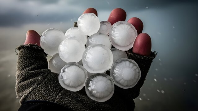 Close-up of a gloved hand holding ice balls and red berries in cold weather