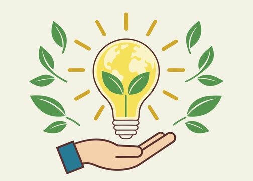 A human hand holds a glowing lightbulb containing a globe map and a small green plant with floating leaves and yellow rays on the outside.