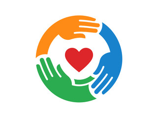 Obraz premium Unity and Diversity Symbol with Colorful Hands Circling a Red Heart for Charity, Community Care, and Social Support Concept