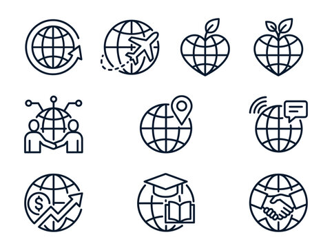 Global Connection and Business Concept Line Icons Set featuring Travel, Ecology, Education, and Partnership Symbols