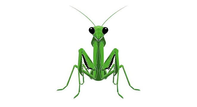 Green praying mantis stands facing forward against a white background.