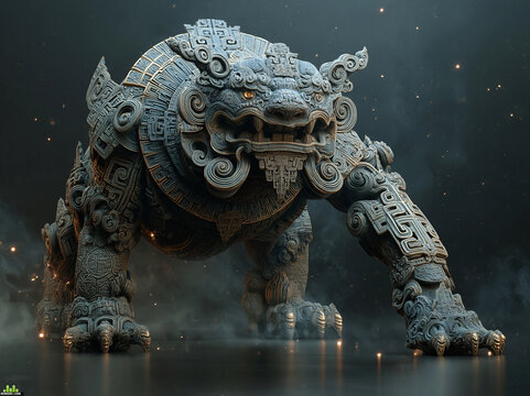 A majestic stone guardian beast with intricate ancient carvings glows with golden eyes against a dark, misty backdrop.