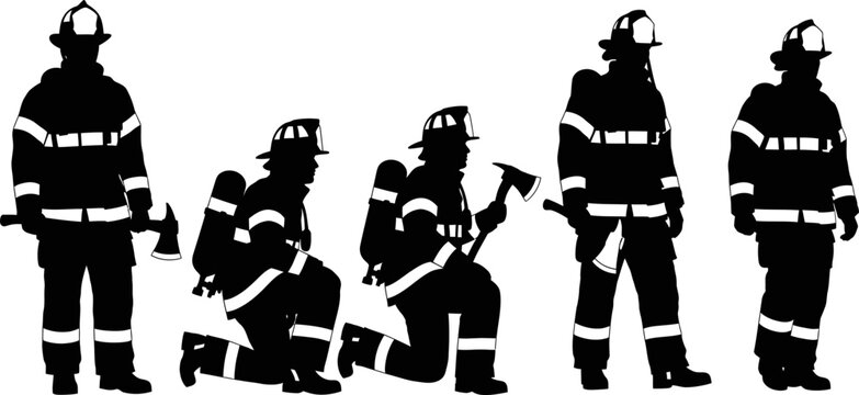 Professional firefighter silhouettes collection featuring emergency responders in protective gear with axes and helmets for rescue service vector design
