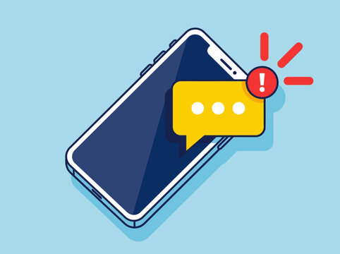 Smartphone with Message Notification Alert Icon - Flat Vector Illustration of Mobile App Warning and Urgent Chat Communication on Blue Background