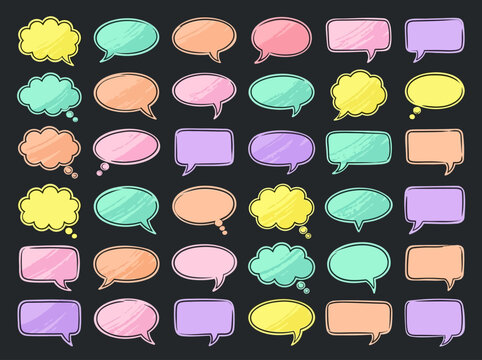 Set of Pastel Hand-Drawn Speech and Thought Bubbles - Colorful Comic Style Communication Design Elements