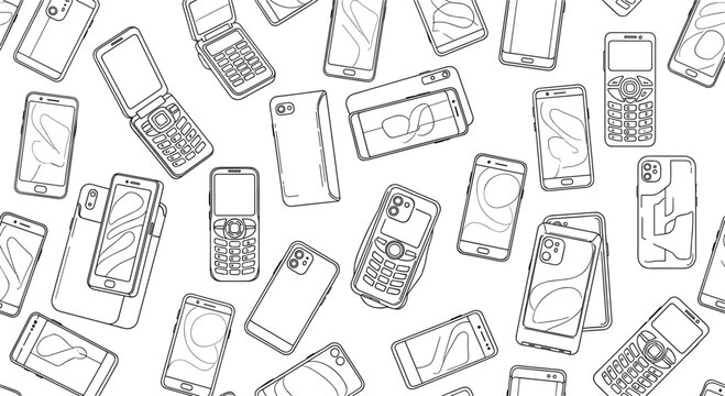 Mobile phone seamless pattern featuring smartphones flip phones and retro cell devices communication technology background vector design