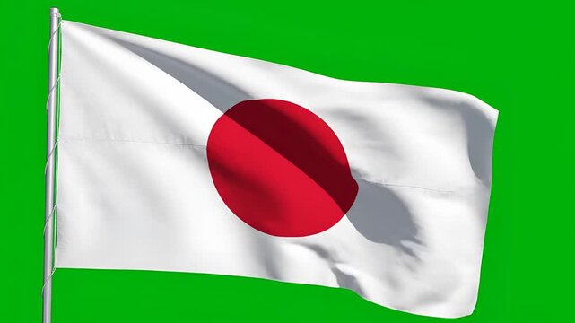 Waving Japanese Flag with Red Sun on Green Screen Background.