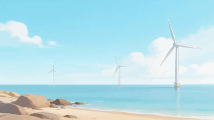 Wind turbines on a coastal beach © Fan