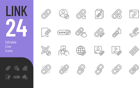 Link Line Editable Icons set. Vector illustration in a modern thin line style of webpage related icons: share, address, internet, and more. Isolated on background.