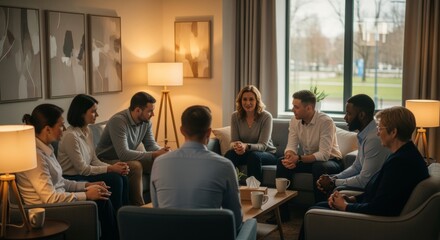 Fototapeta premium Group therapy session with people discussing in a comfortable room