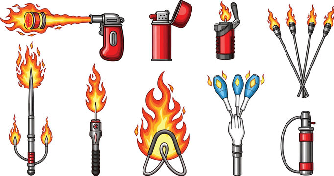 Set of Fire and Flame Tools Vector Illustration with Torches, Lighters, Fire Sticks, Flamethrowers, Pyrotechnics, and Outdoor Performance Equipment Designs