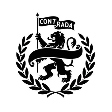 Black lion crest, heraldic emblem, laurel wreath, Contrada logo, vintage coat of arms isolated on White Background vector eps silhouette