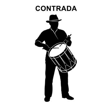 Contrada drumming man, vector drummer, black silhouette, musical icon isolated on White Background vector eps silhouette