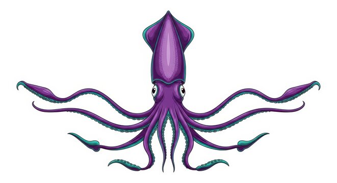 Purple squid is displayed in a symmetrical cartoon style against a white background.