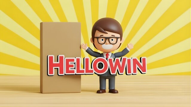 Cute 3D Business Character with Hellowin Sign and Sunburst Background