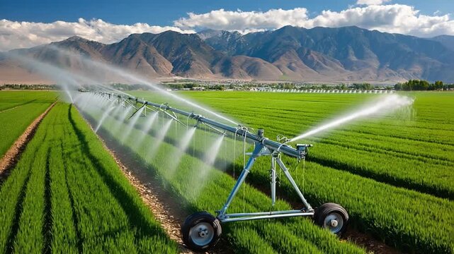 Irrigation and Agriculture: Capturing an expansive view of a verdant field, where a modern irrigation system sprays a fine mist.