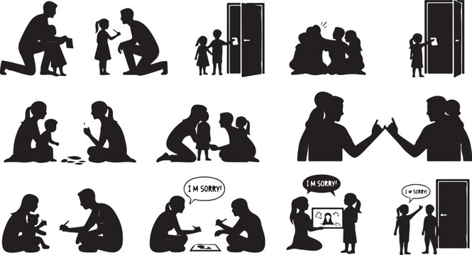 Silhouettes of diverse people in various daily activities and apologies in modern settings walking