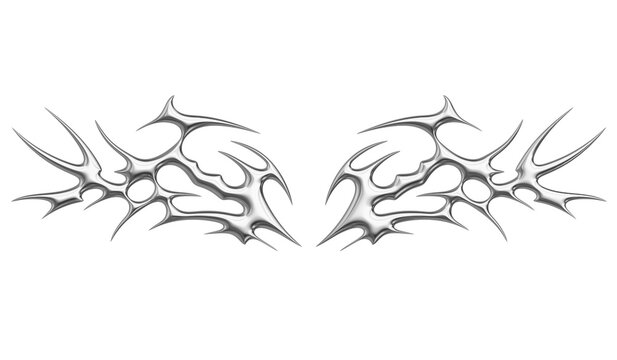 Chrome neo tribal tattoo. Succubus womb sigils and sharp cyber sigilism elements in liquid silver Y2K style