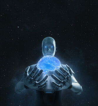 Robot holds glowing brain, showing technology and artificial intelligence control mind concept.